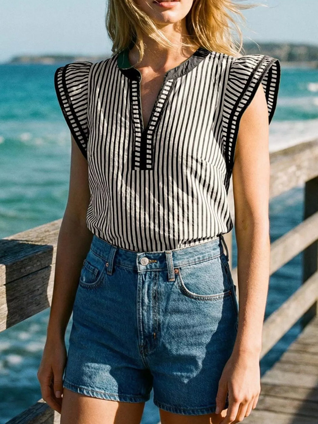 Striped Ruffle Sleeve Blouse (4)