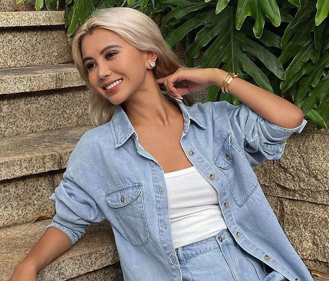 Button Up Long Sleeve Shirt Shorts Denim Set (11)