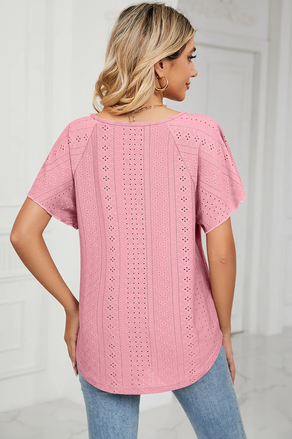 Eyelet Tie Neck Flutter Sleeve Blouse (10)