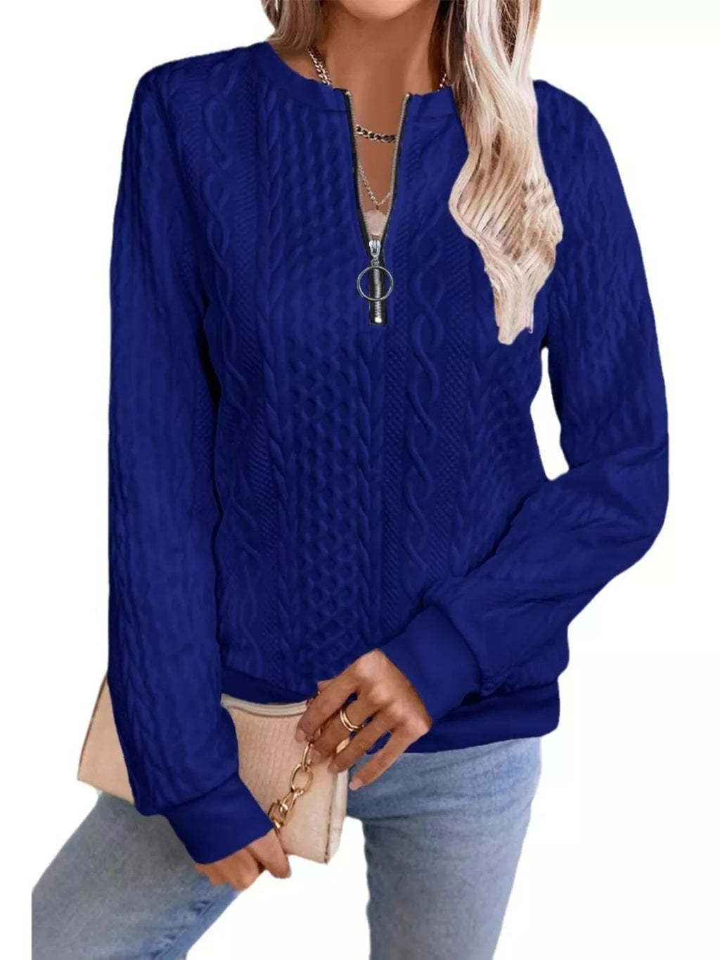 Chic Cable Texture Quarter-zip Sweatshirt (7)