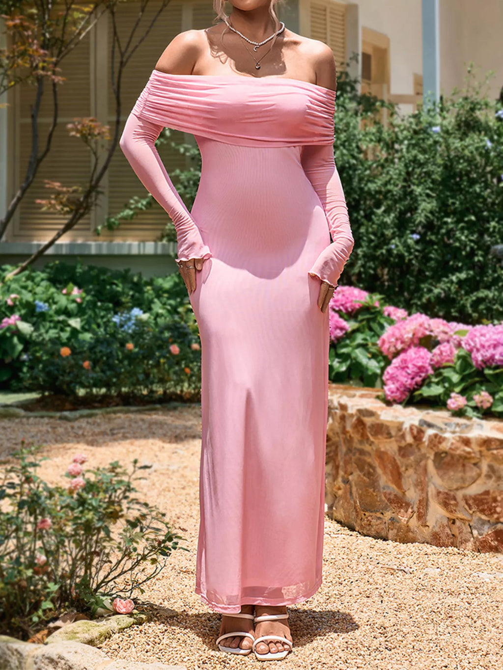 Off-shoulder Ruched Long Sleeve Maxi Dress (2)