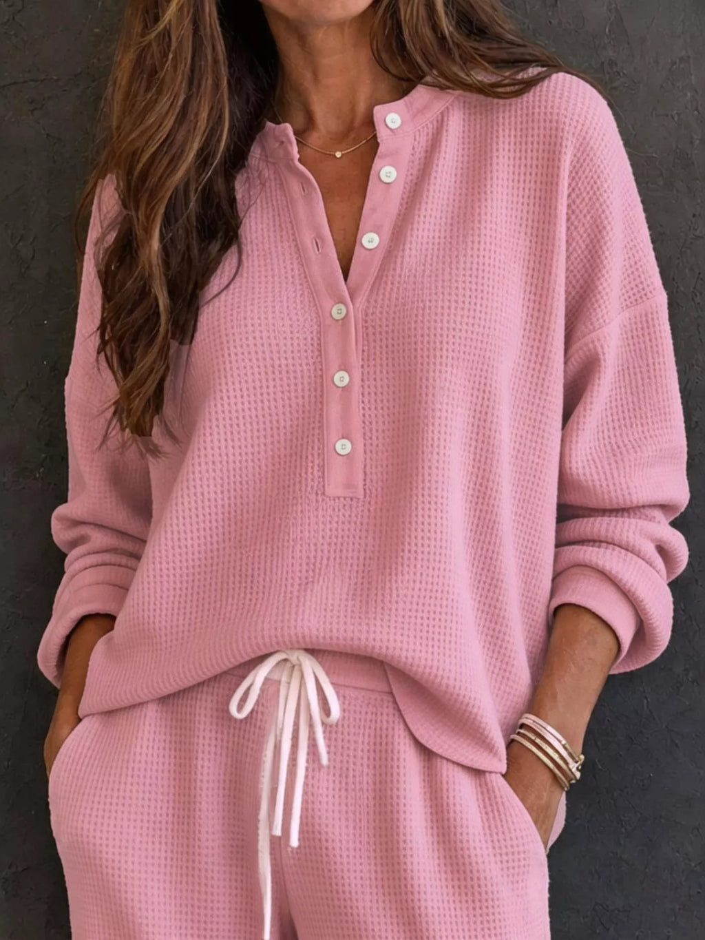 Waffle Knit Henley Top Wide Leg Pants Set (5)