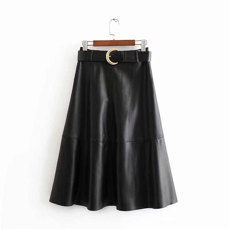 Belted Faux Leather Skirt variant CJNSXZQZ00473-Black-S|CJNSXZQZ00473-Black-L|CJNSXZQZ00473-Black-XS|CJNSXZQZ00473-Black-M