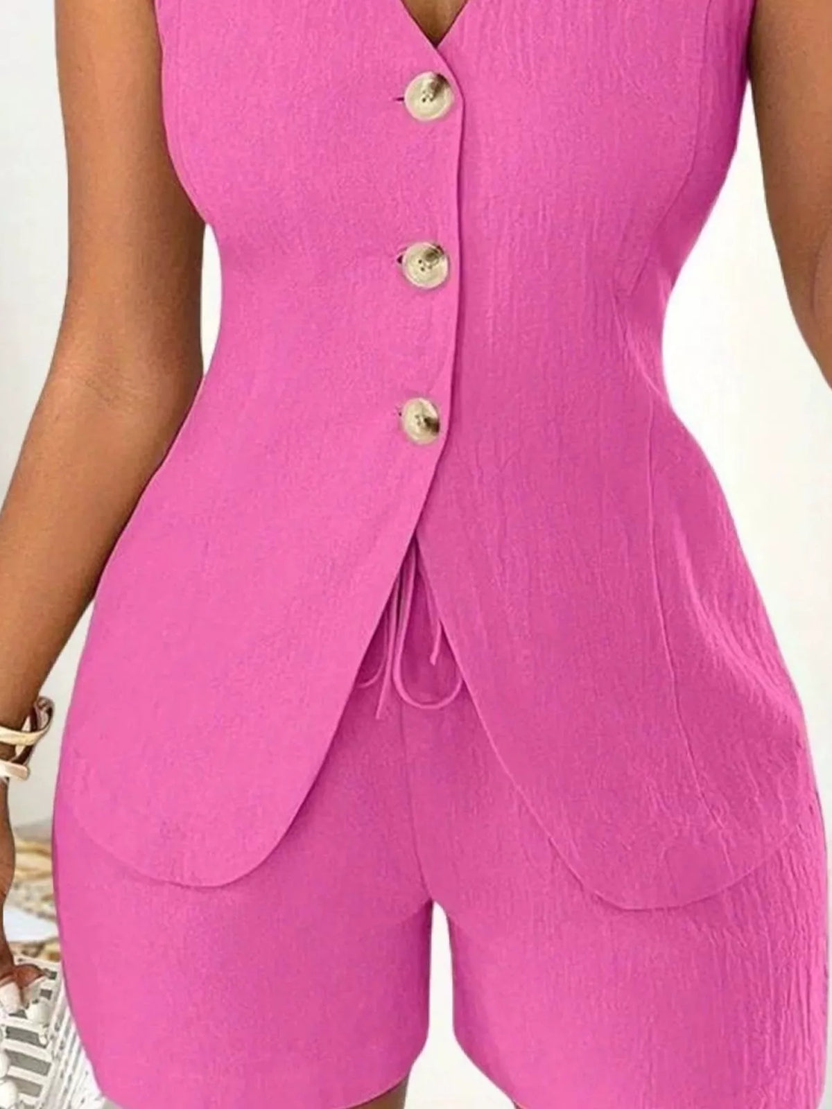 Sleeveless Button-down Vest Shorts Set (8)
