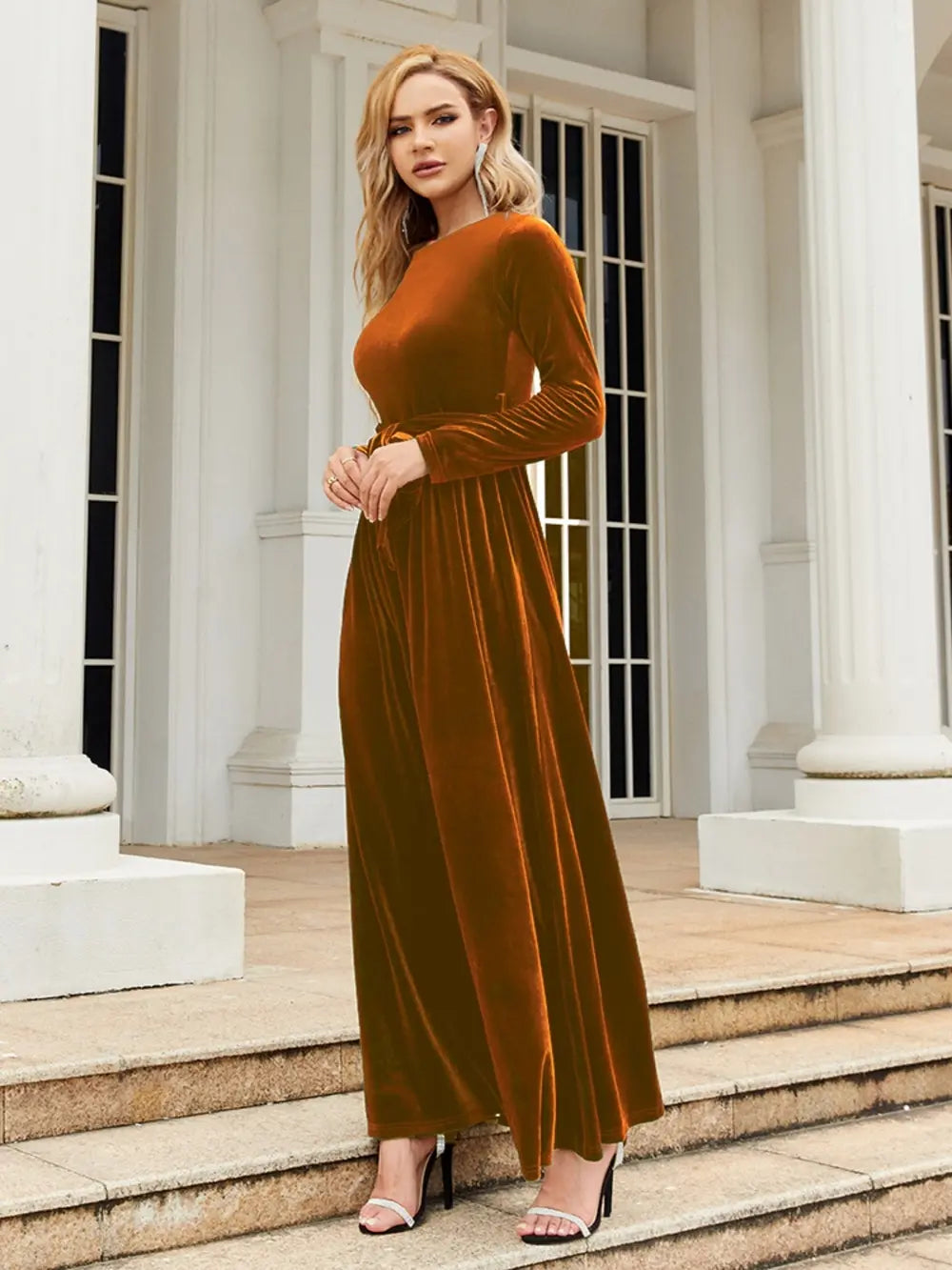 Tie Front Round Neck Long Sleeve Maxi Dress (6)