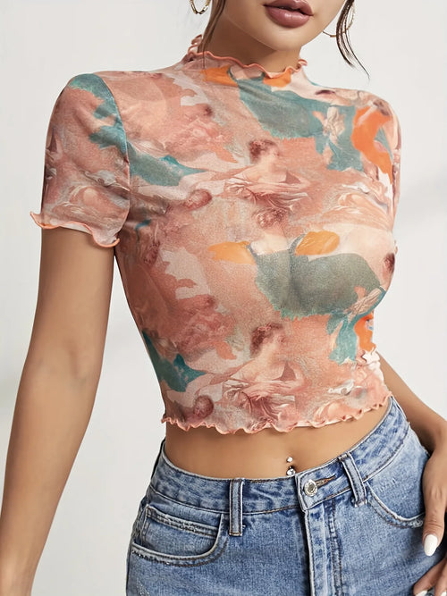 Abstract Print Ruffled Mock Neck Crop T-shirt (2)