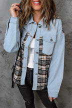 Plaid Pocketed Button Up Denim Jacket (7)