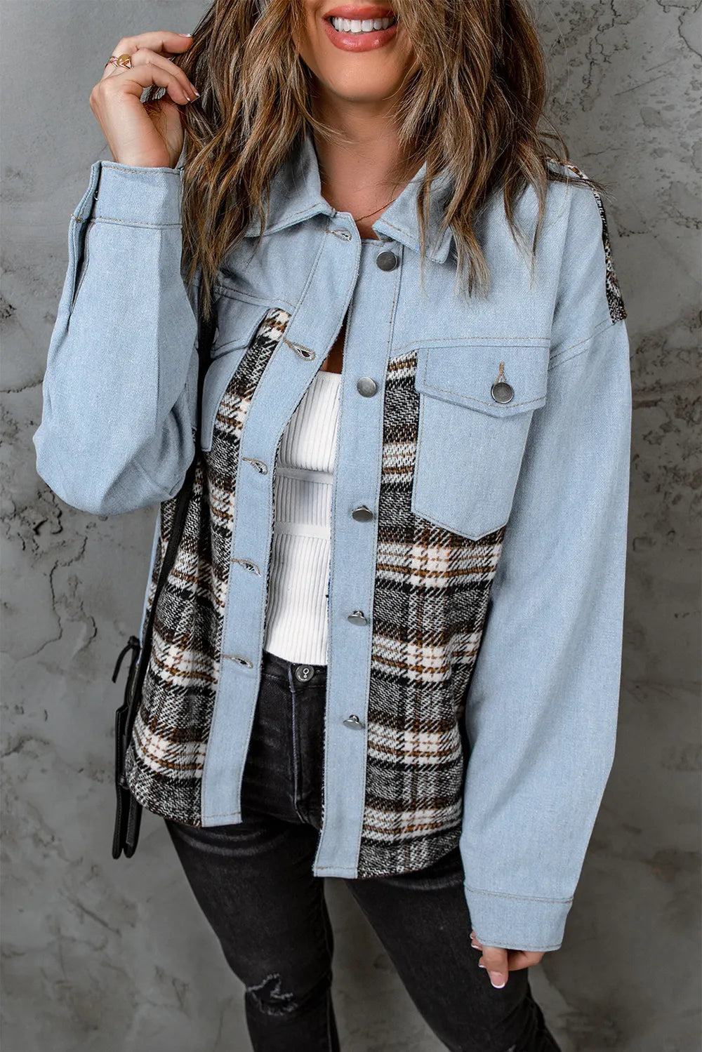 Plaid Pocketed Button Up Denim Jacket (7)