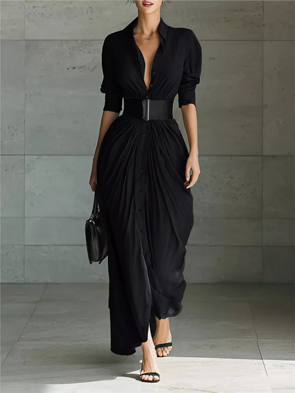 Full Size Button Front Ruched Shirt Maxi Dress Plus (7)