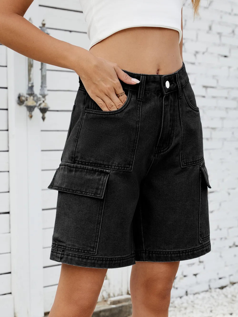 High Waist Denim Shorts Cargo Pockets (8)