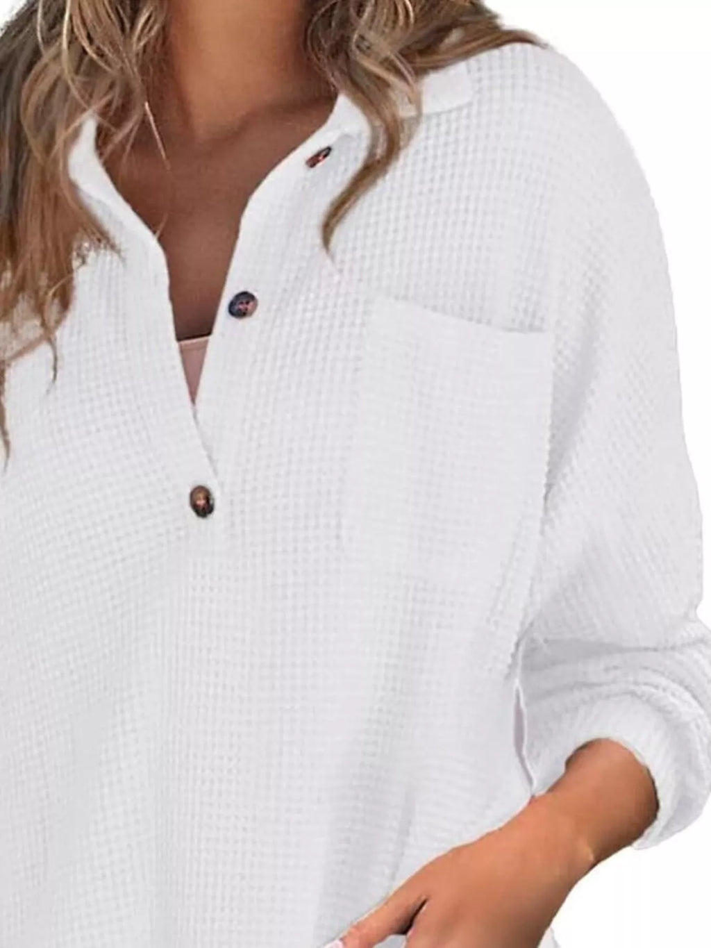 Casual Waffle Knit Button Detail Blouse (33)