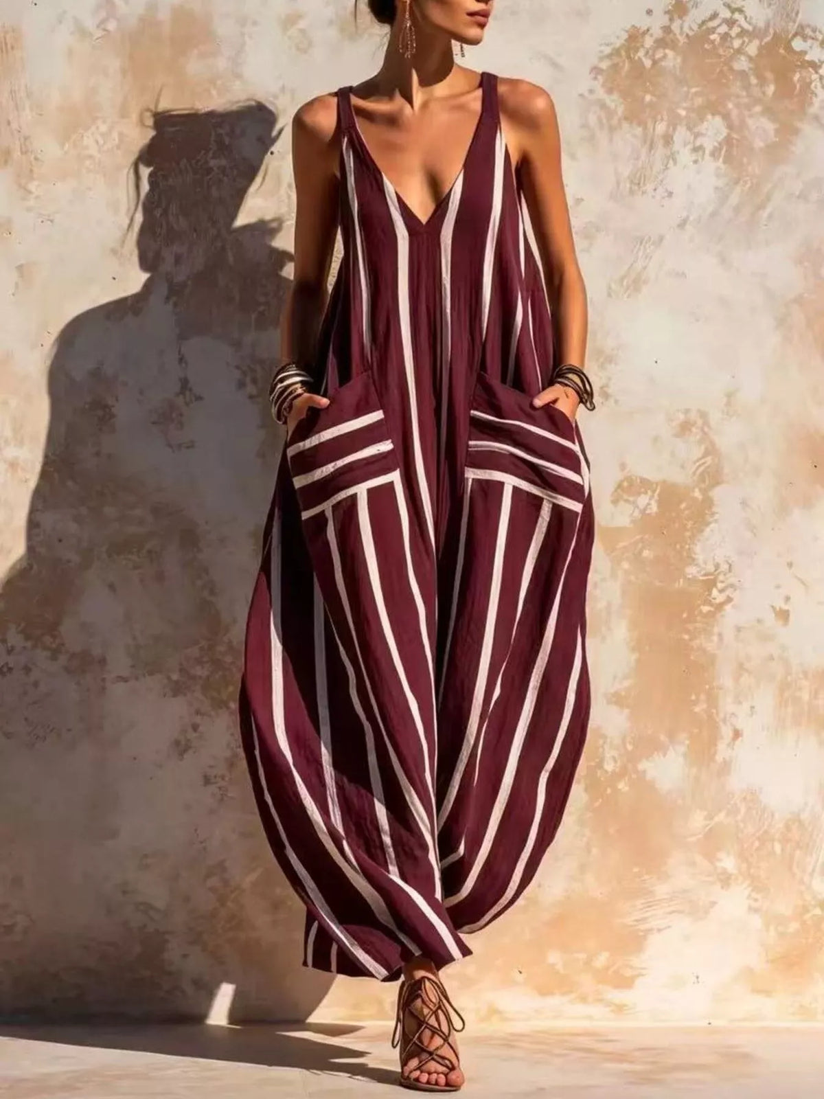 Striped V-neck Sleeveless Wide-leg Jumpsuit (10)