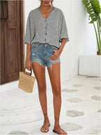 V-neck Striped Batwing Sleeve Casual Blouse (3)