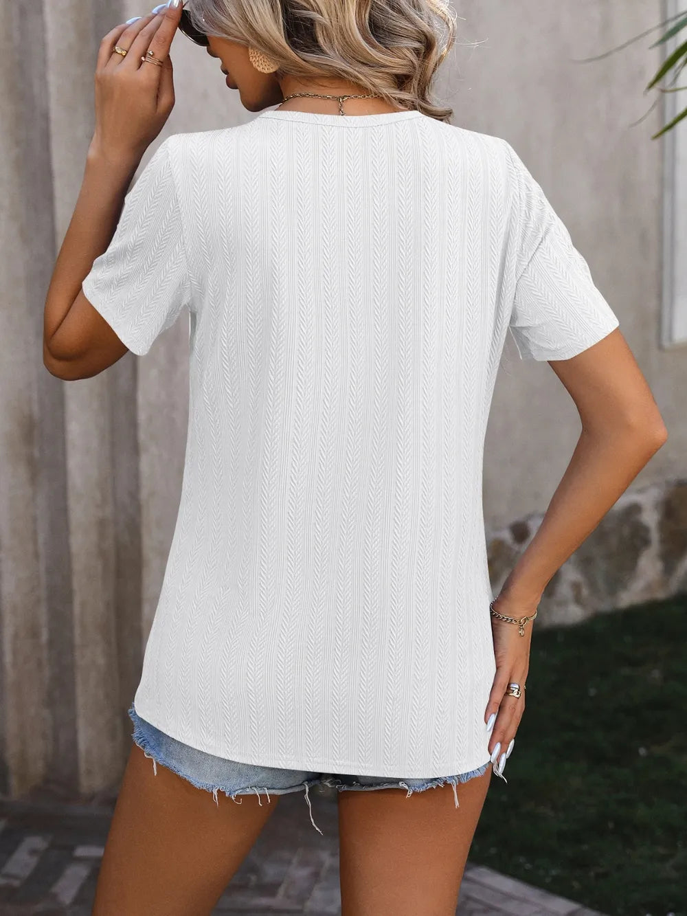 Decorative Button Round Neck Short Sleeve Blouse (8)