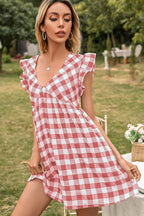 Plaid Butterfly Sleeve Deep V Dress (8)