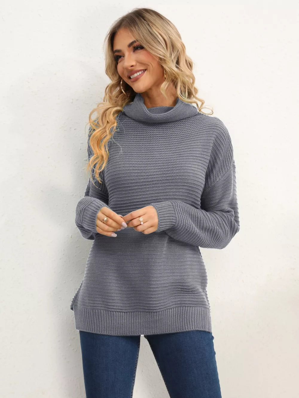 Slit Turtleneck Dropped Shoulder Sweater (24)