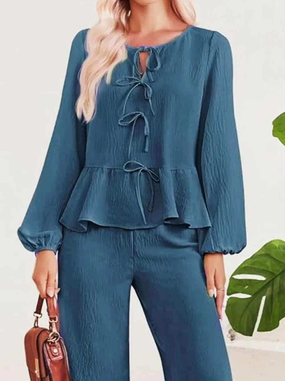 Tie Neck Balloon Sleeve Top Pants Set (15)