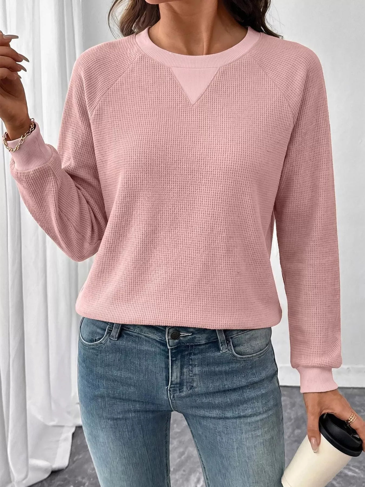 Waffle Knit Crew Neck Long Sleeve Sweatshirt (4)