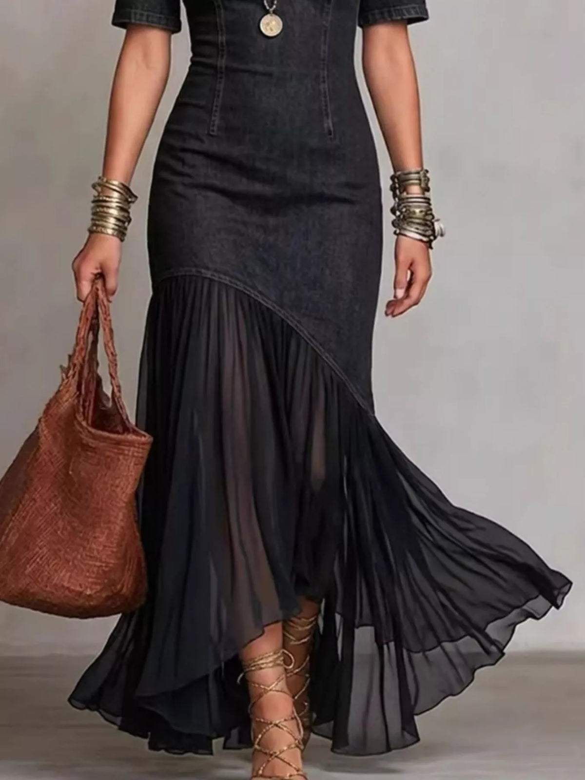 Mock Neck Cold Shoulder Ruffle Hem Maxi Dress (2)