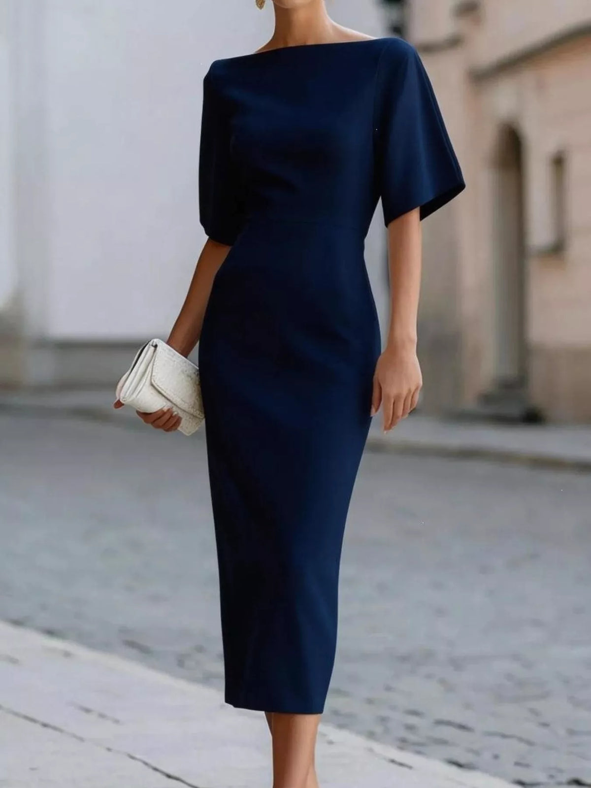 Half Sleeve Boat Neck Midi Dress (7)
