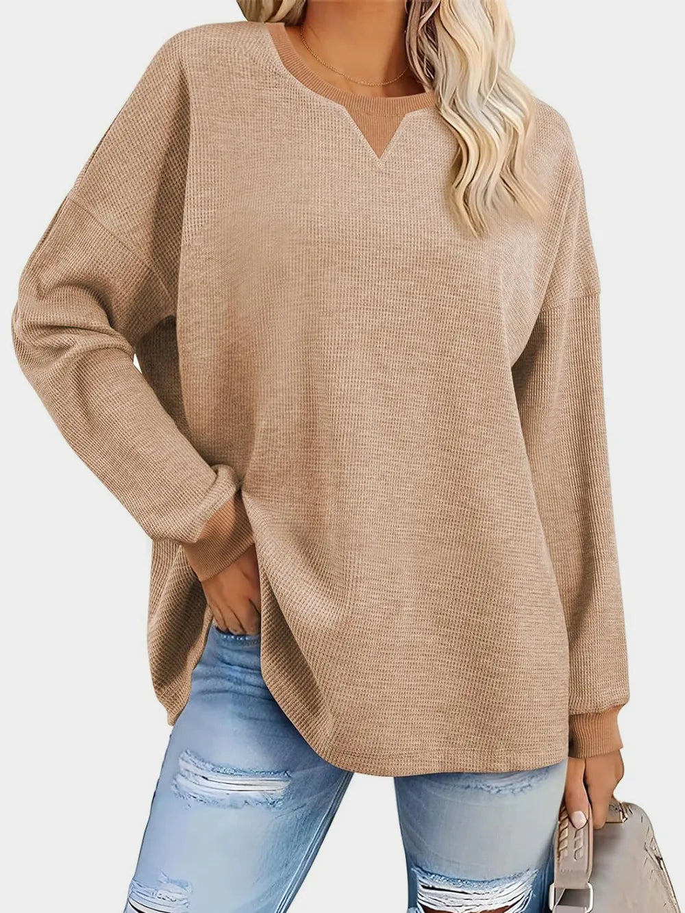 Waffle Knit Round Neck Long Sleeve T-shirt (13)
