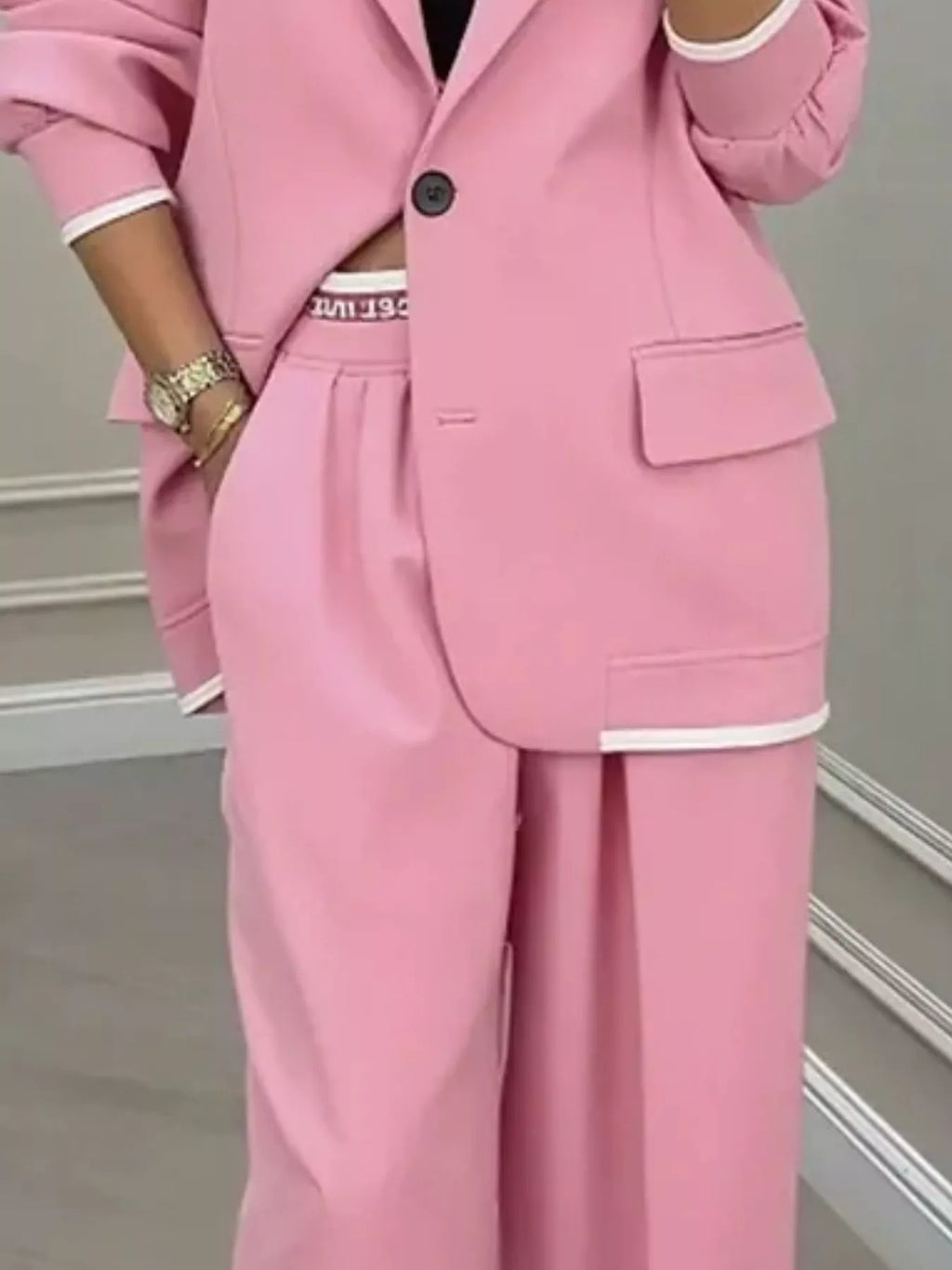 Full Size One Button Blazer Wide-leg Pants Set Plus (8)