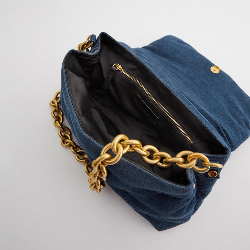 Blue Oversized Denim Quilted Shoulder Messenger Bag Chain photo 6