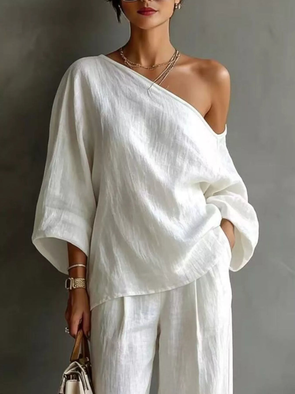 One Shoulder Top Wide Leg Pants Set (2)
