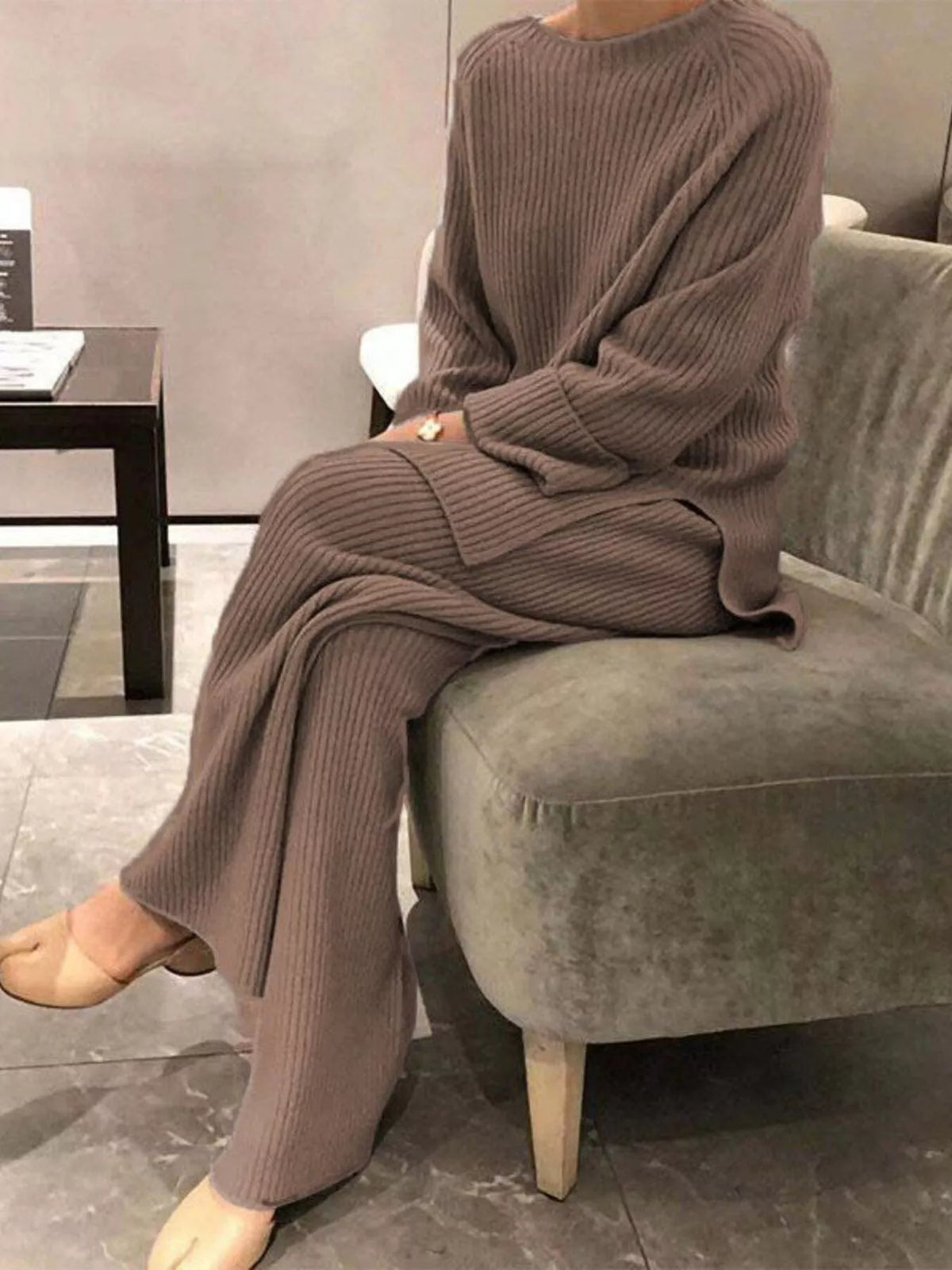 Full Size Ribbed Knit Relaxed Fit Top Pants Sweater Set Plus (16)