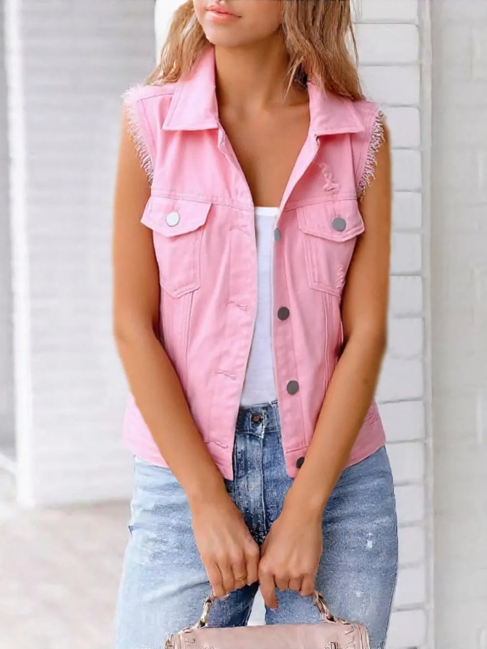 Full Size Button Down Raw Hem Sleeveless Denim Jacket Plus (6)
