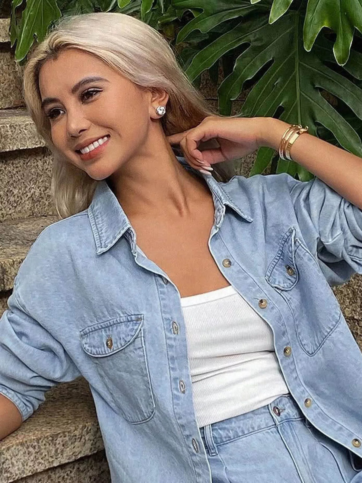 Button Up Long Sleeve Shirt Shorts Denim Set (9)