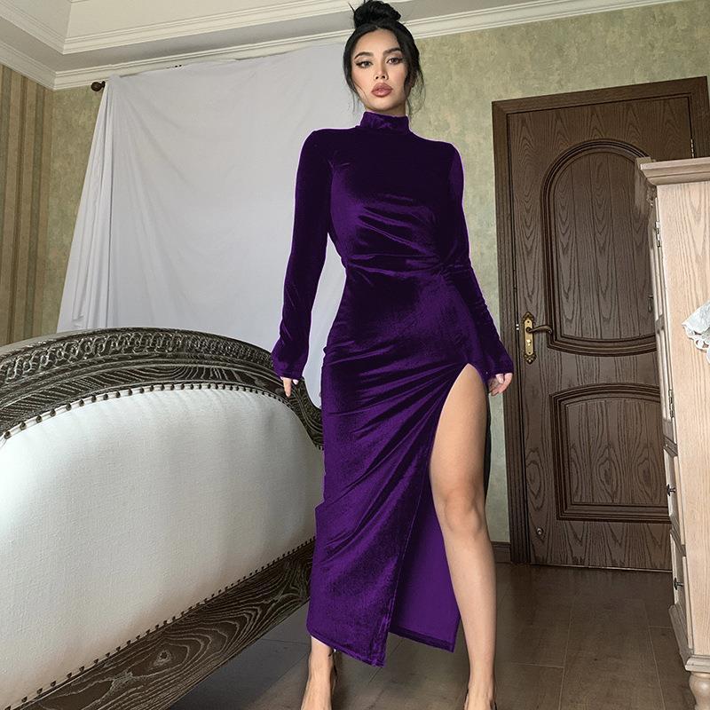 High Neck Long Velvet Dress Slim Slit variant CJLY1583604-Purple-S|CJLY1583604-Purple-M|CJLY1583604-Purple-L|CJLY1583604-Purple-XL|CJLY1583604-Purple-2XL|CJLY1583604-Purple-3XL