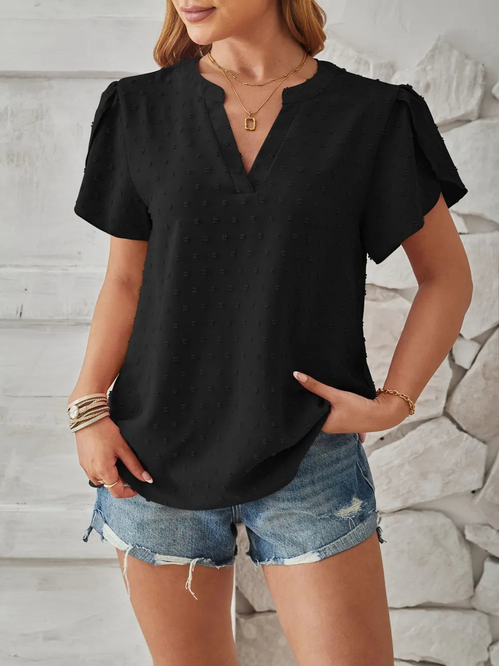 Swiss Dot Notched Petal Sleeve T-shirt (4)