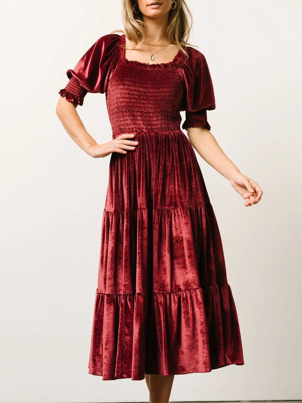 Smocked Half Sleeve Tiered Midi Dress (11)
