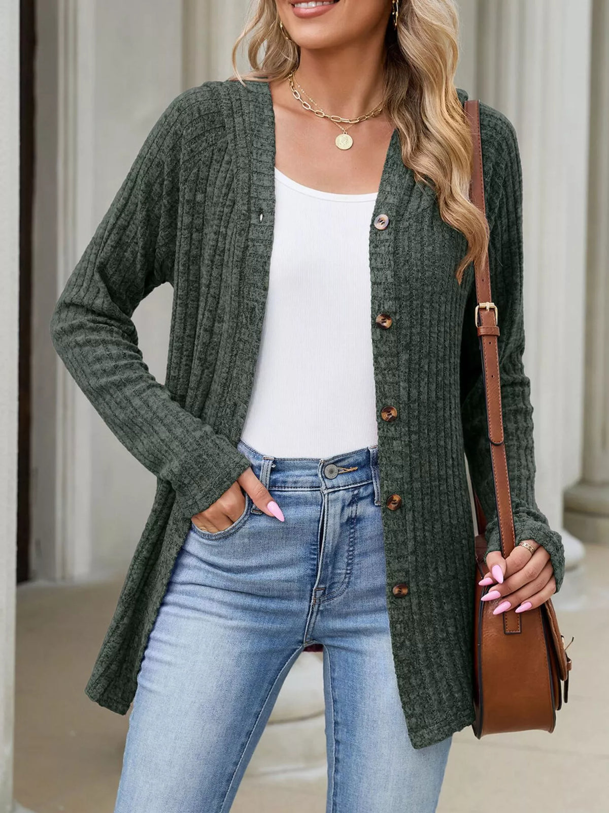 Ribbed Knit Hooded Button-down Cardigan (19)