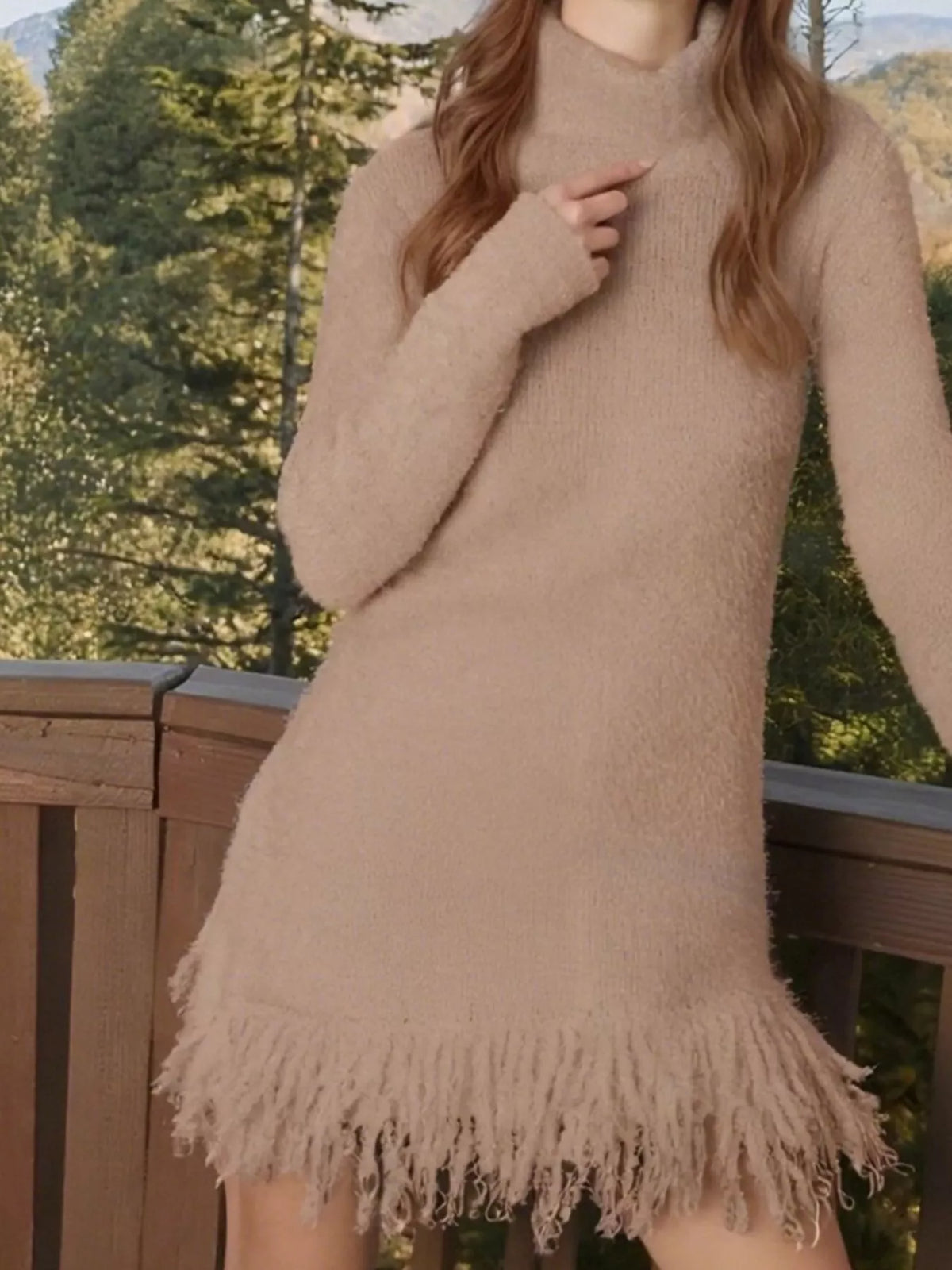 Fringe Turtleneck Long Sleeve Sweater Dress (5)