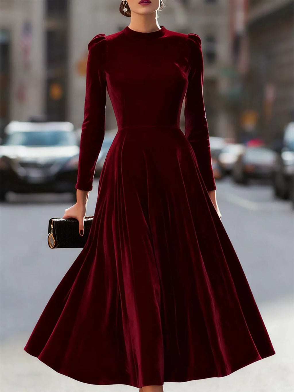 Velvet Long Sleeve A-line Dress (5)
