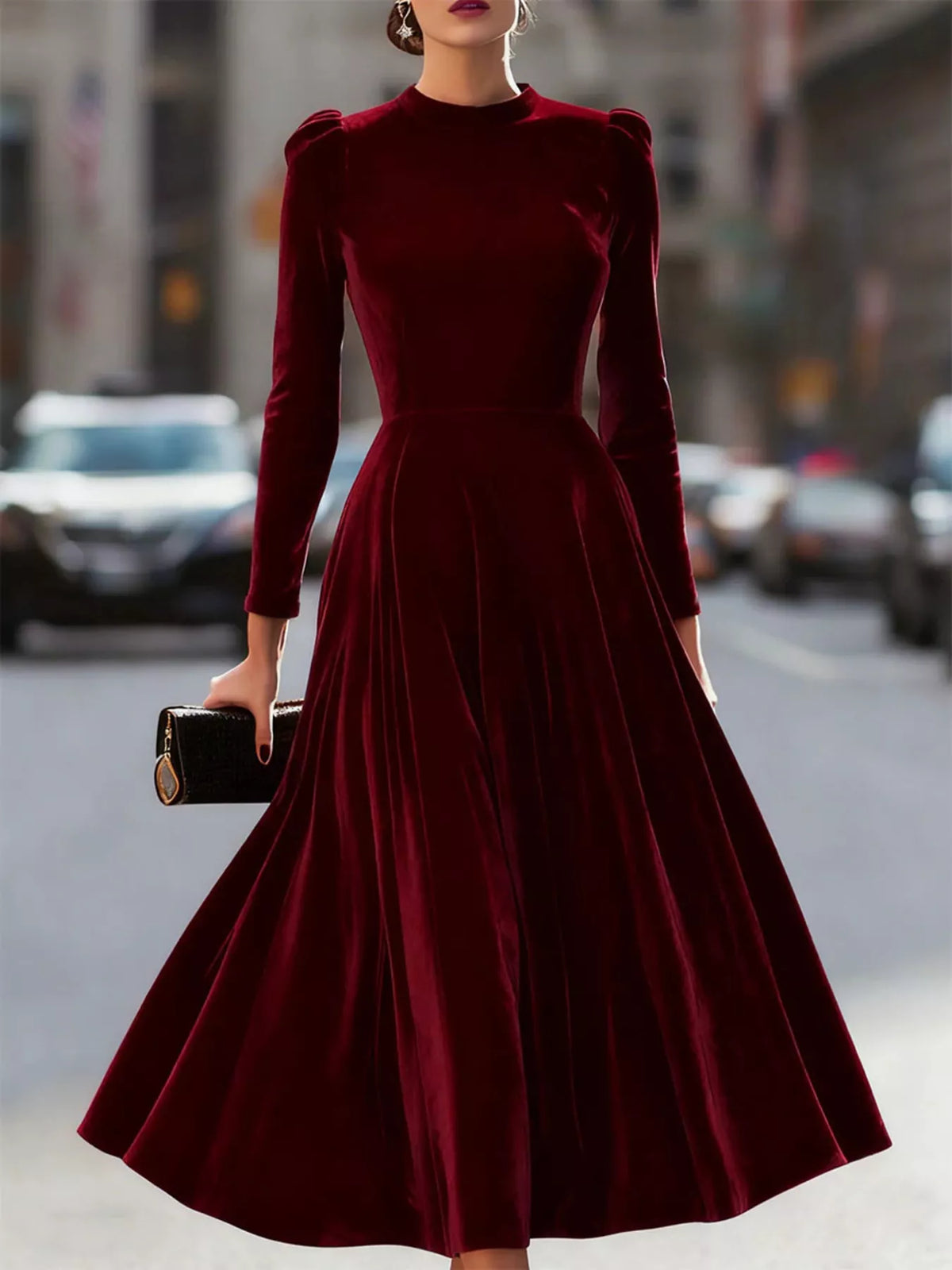 Velvet Long Sleeve A-line Dress (5)