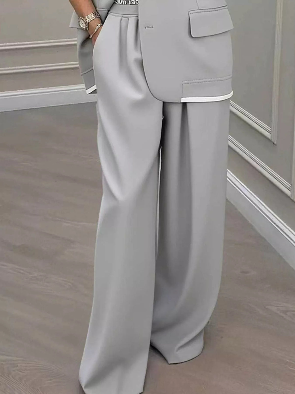 Full Size One Button Blazer Wide-leg Pants Set Plus (2)