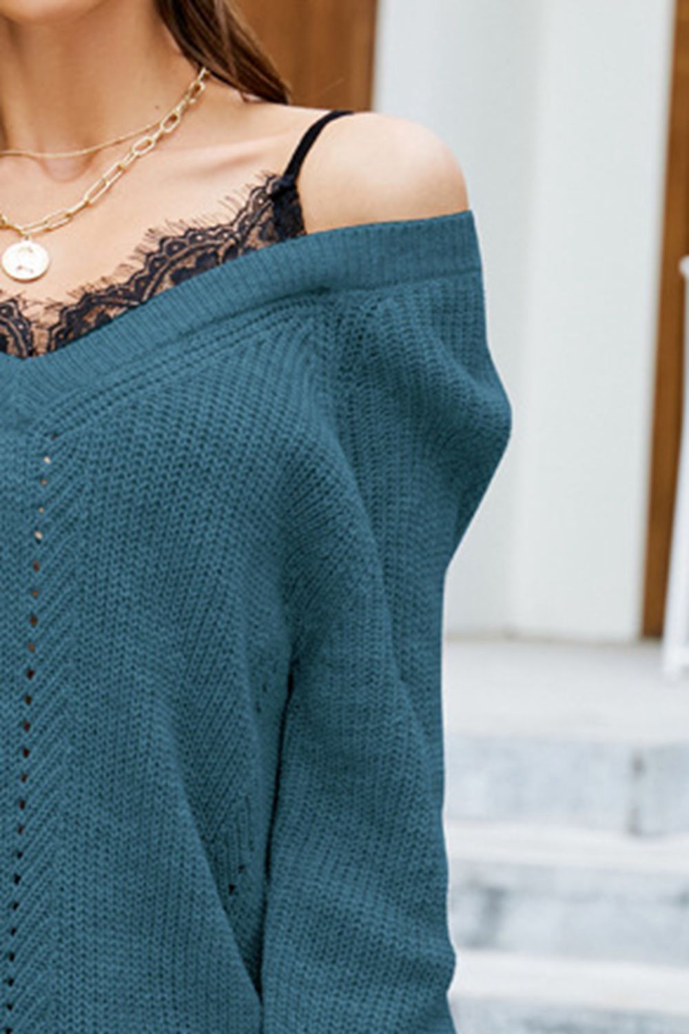 Openwork V-neck Long Sleeve Sweater (6)