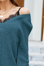 Openwork V-neck Long Sleeve Sweater (6)