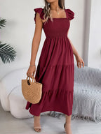 Smocked Square Neck Cap Sleeve Midi Dress (21)