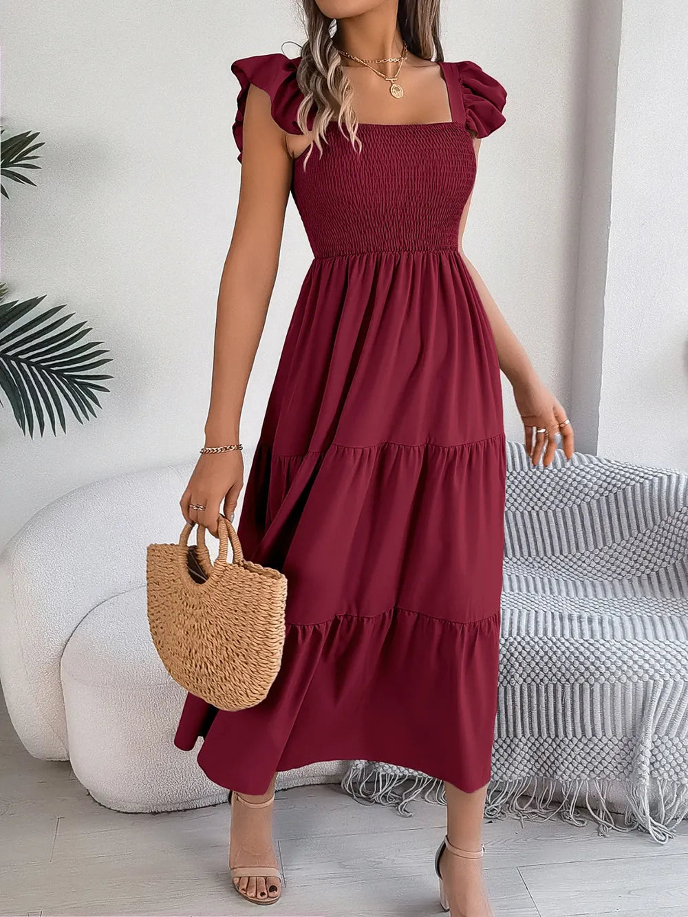 Smocked Square Neck Cap Sleeve Midi Dress (21)
