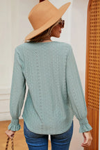 Eyelet V-neck Flounce Sleeve T-shirt (18)