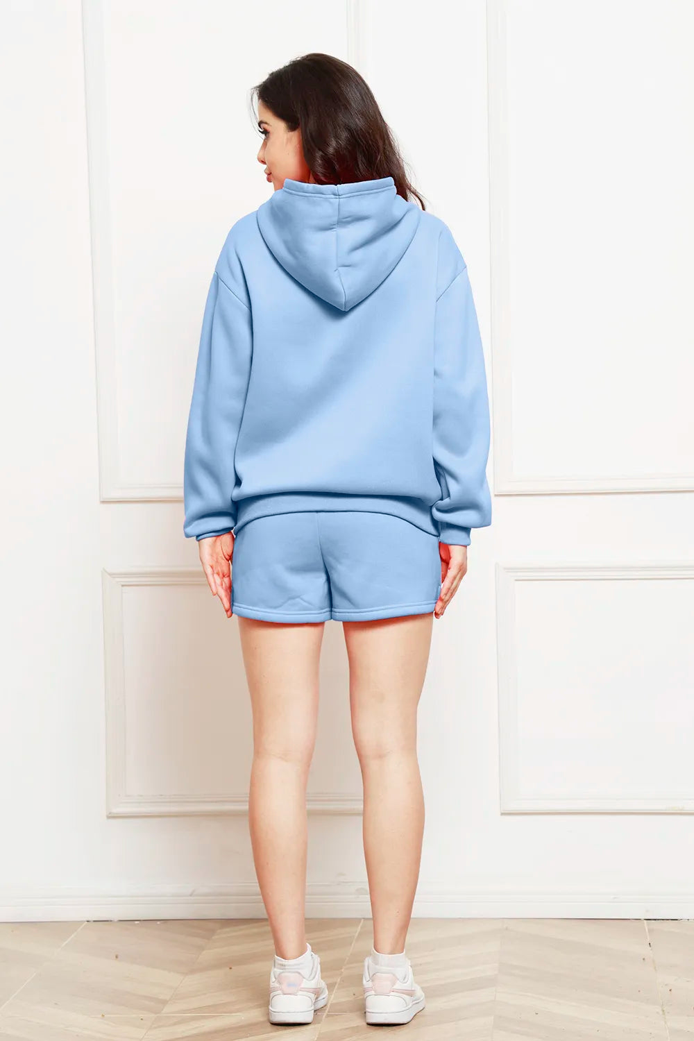 Drop Shoulder Long Sleeve Hoodie Shorts Set (21)