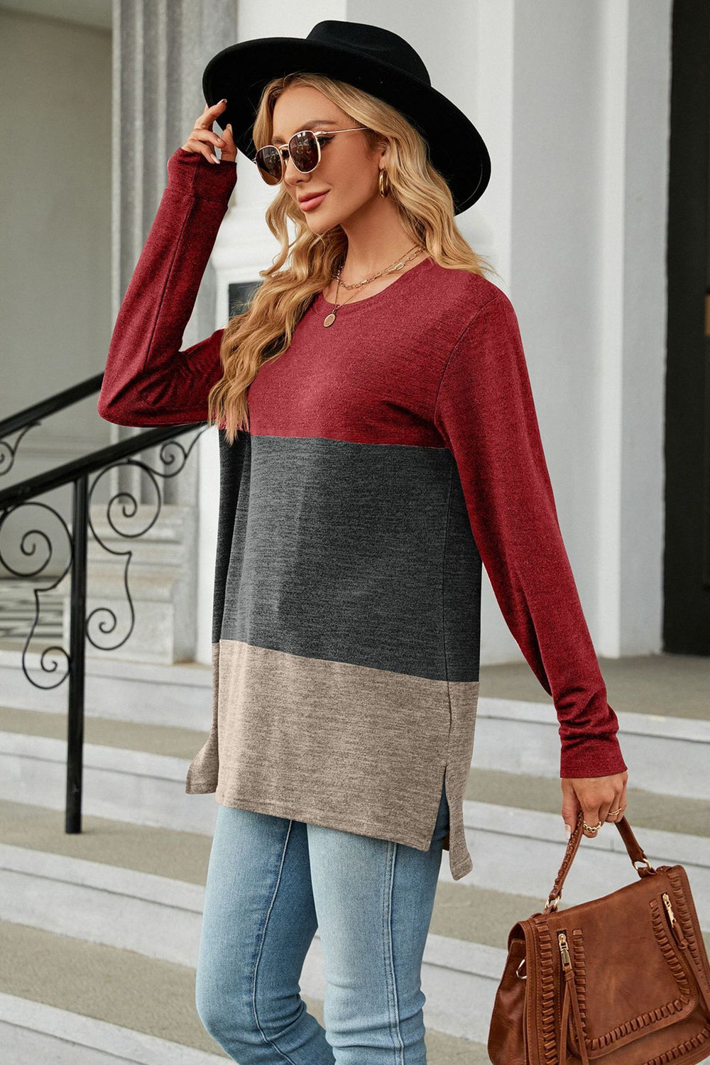 Block Round Neck Long Sleeve Slit T-shirt (14)