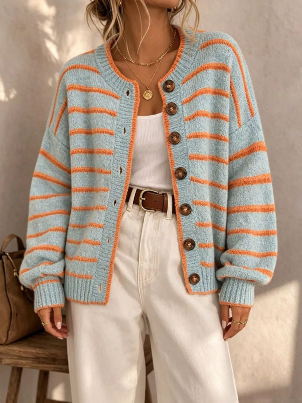 Striped Button-down Knit Cardigan (2)