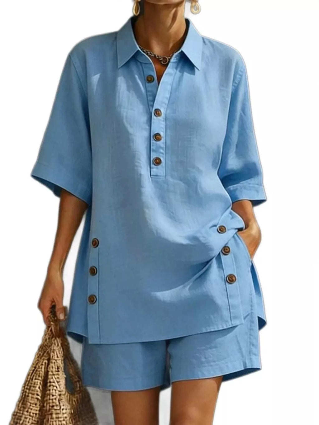 Full Size Casual Linen Button-down Shirt Shorts Set Plus (3)