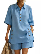 Full Size Casual Linen Button-down Shirt Shorts Set Plus (3)