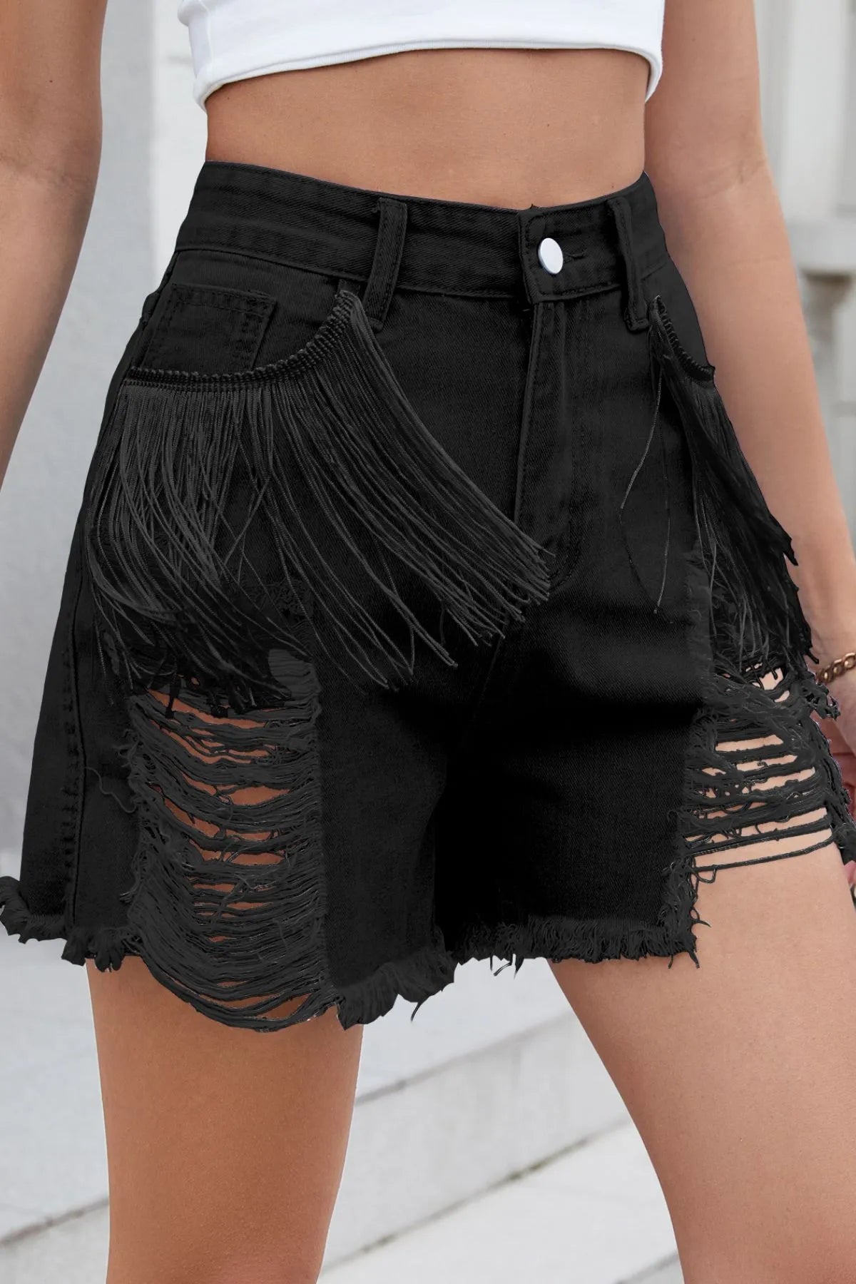 Distressed Fringe Denim Shorts (8)